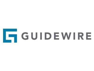 A modern corporate logo featuring a bold, geometric symbol on the left and the word "GUIDEWIRE" on the right. The symbol is a stylized letter G, constructed with thick blue lines forming a square outline with an inward-facing notch. The wordmark is written in uppercase letters using a clean, sans-serif font in dark gray, conveying professionalism and stability.